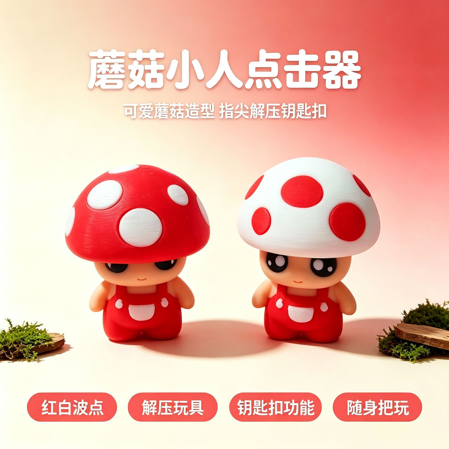 3D-printed mushroom character clicker keychain charm