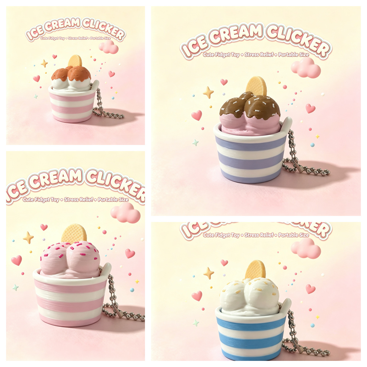 3D Printed Ice Cream Cupcake Fidget Button Clicker Keychain Charm