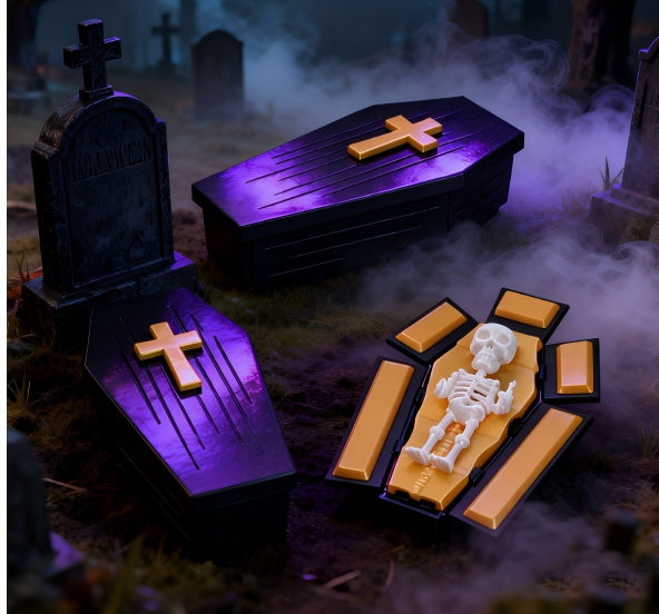 3D-printed Grim Reaper, coffin, and skull ornament
