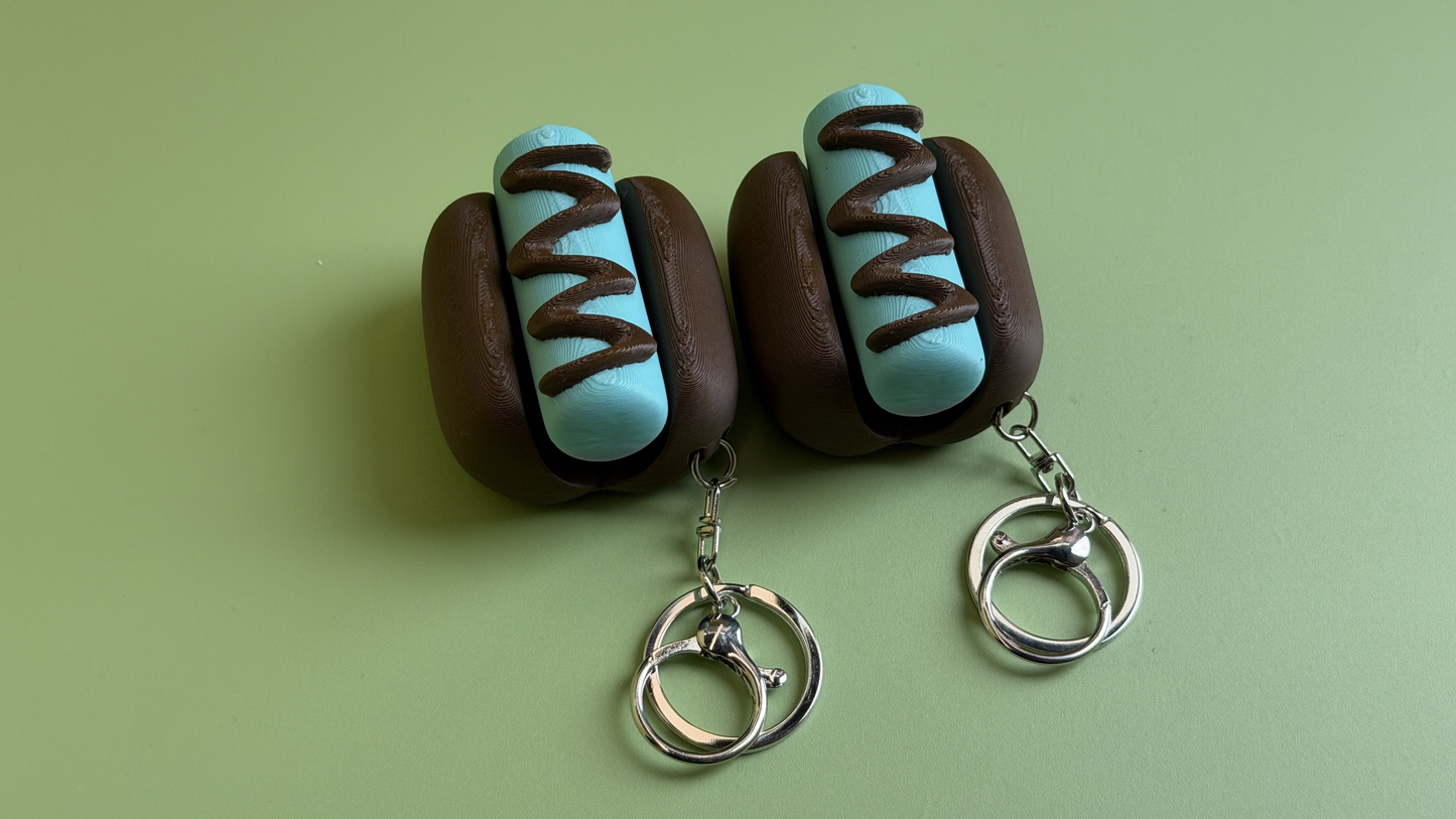 3D printed hot dog push-toy keychain