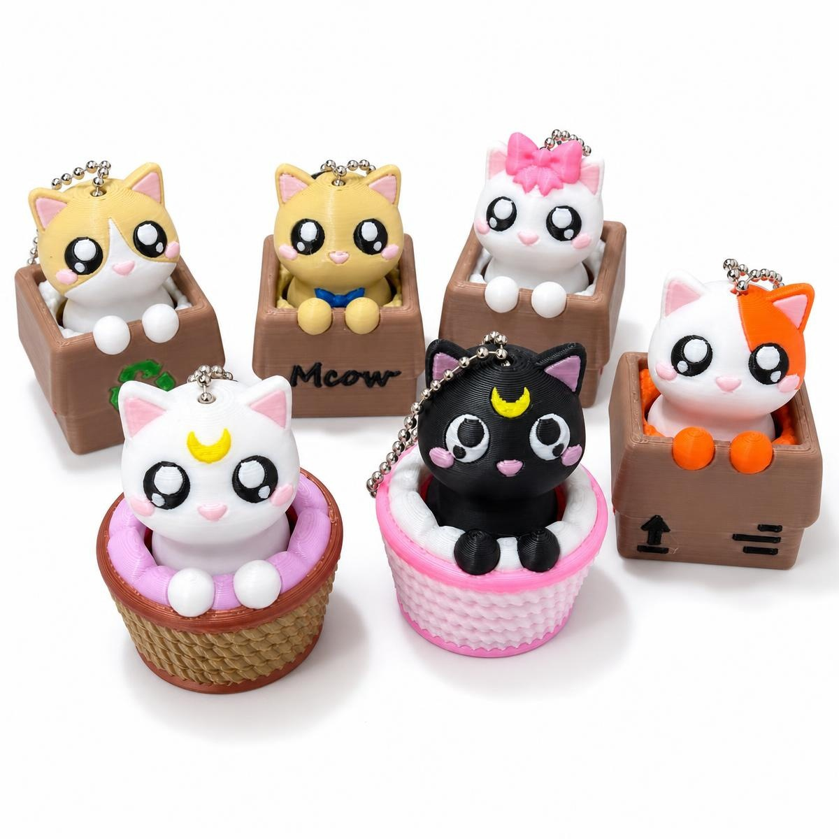 3D-printed peek-a-boo cat-in-box button clicker keychain charm
