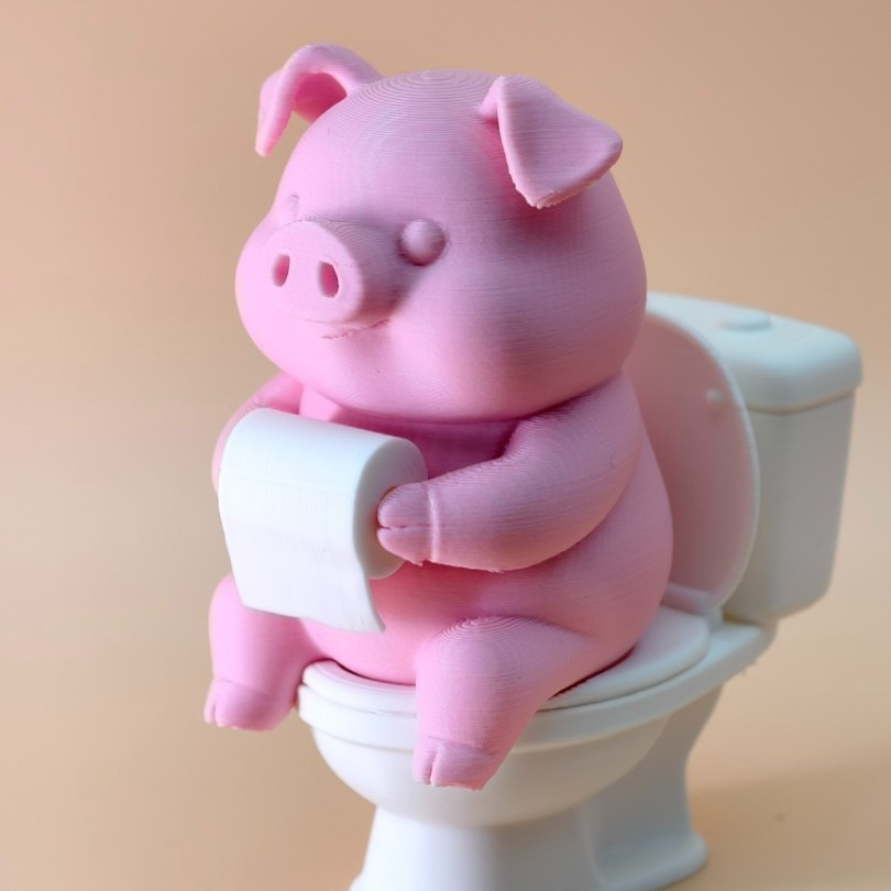 3D-printed cute piglet-on-toilet figurine