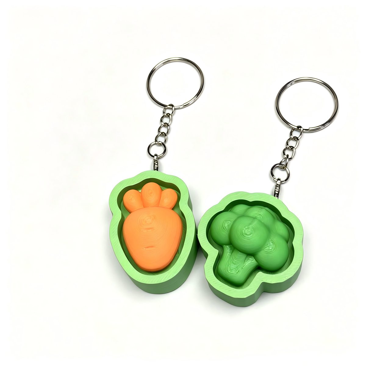 3D-Printed 3D Carrot & Broccoli Button-style keychain charm