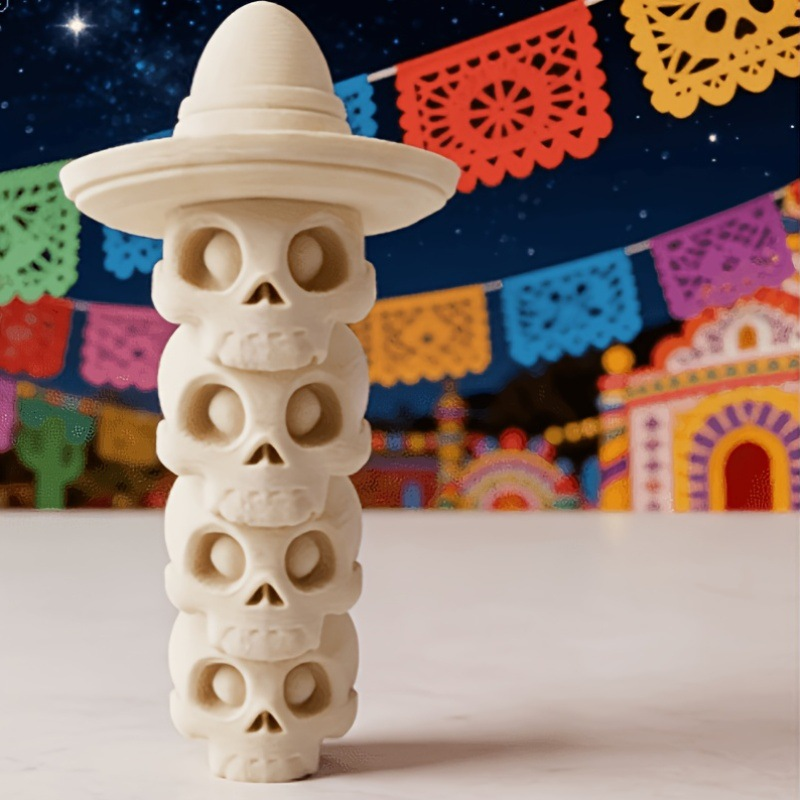 3D-printed stacked skulls with hats figurine