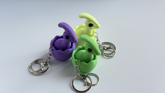 3D-printed eggshell dinosaur keychain
