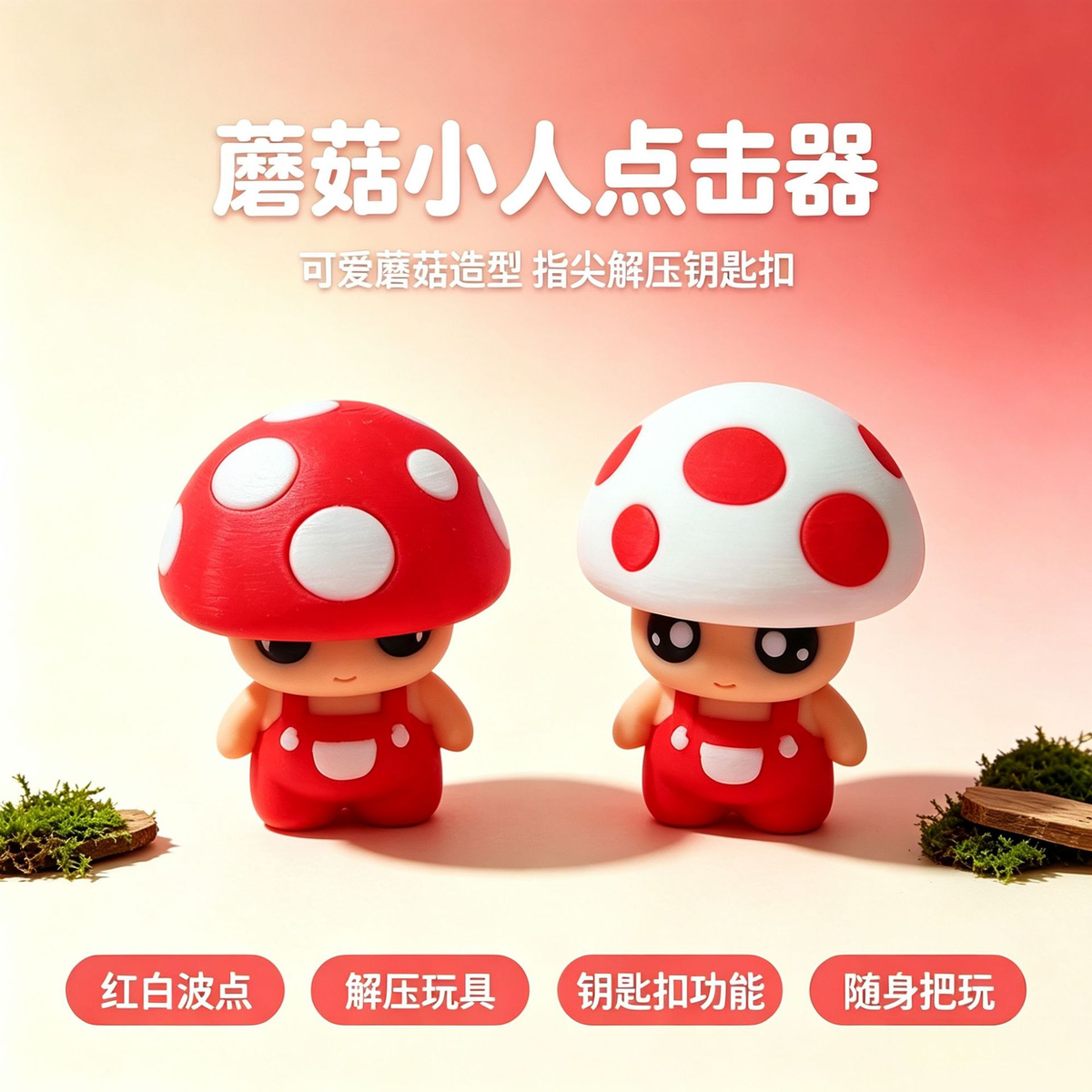 3D-printed mushroom character clicker keychain charm