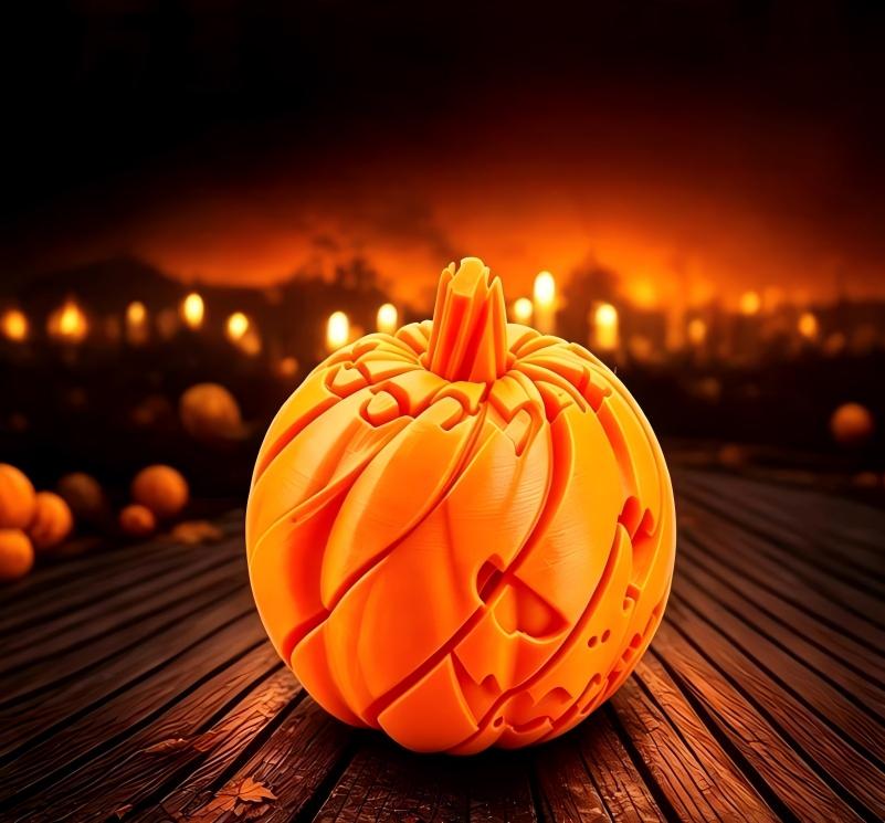 3D-Printed Wiggly Pumpkin Skull Block Ornament